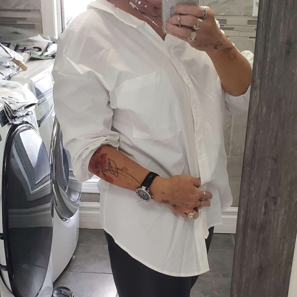 Plus Solid White Button Down Poplin Boyfriend Oversized Shirt - Picture 3 of 6